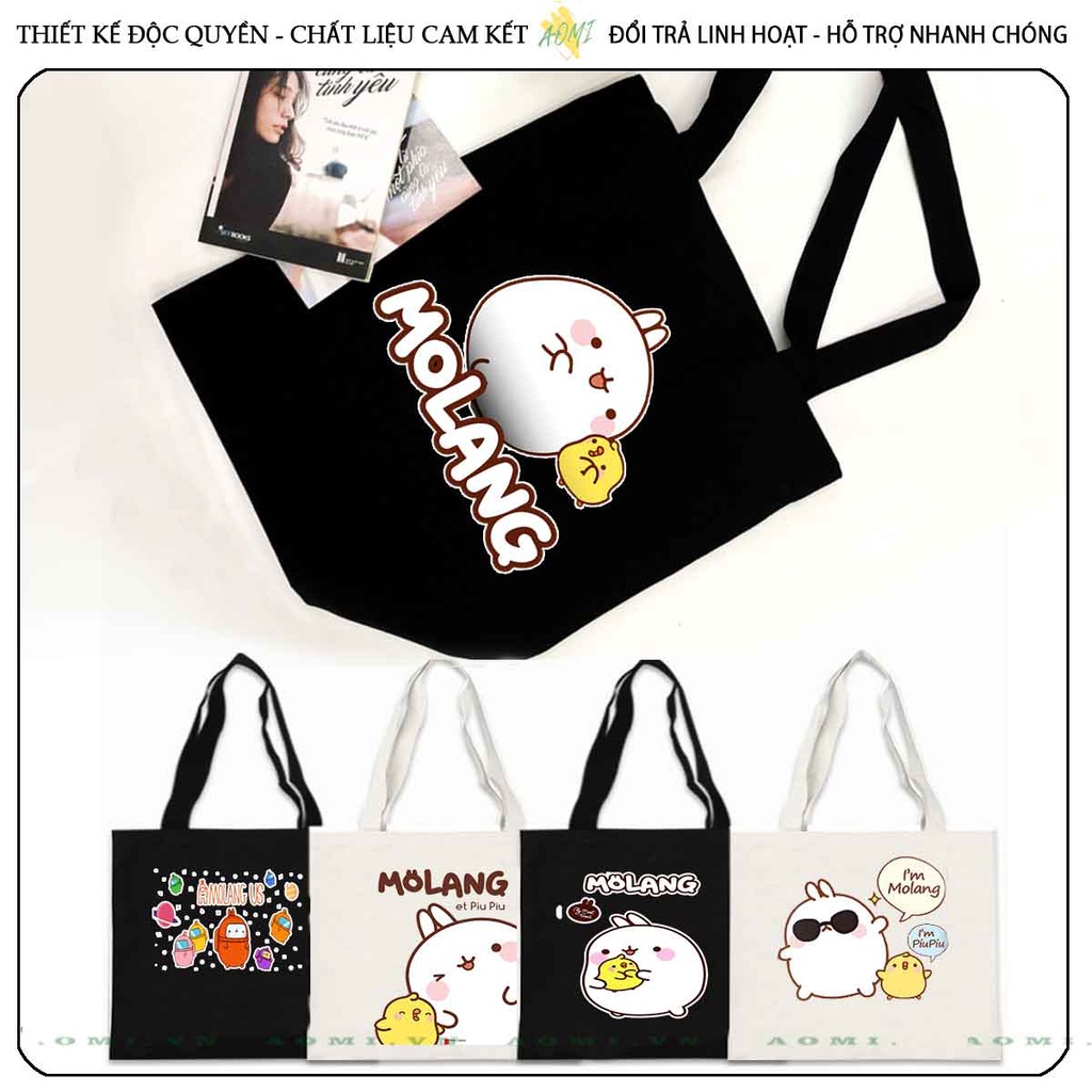 TOTE CANVAS friend molang TÚI VẢI ĐEO VAI BAG CÓ KHÓA KÉO SIZE LỚN 33x38cm AOMIVN DU LỊCH DẠO PHỐ