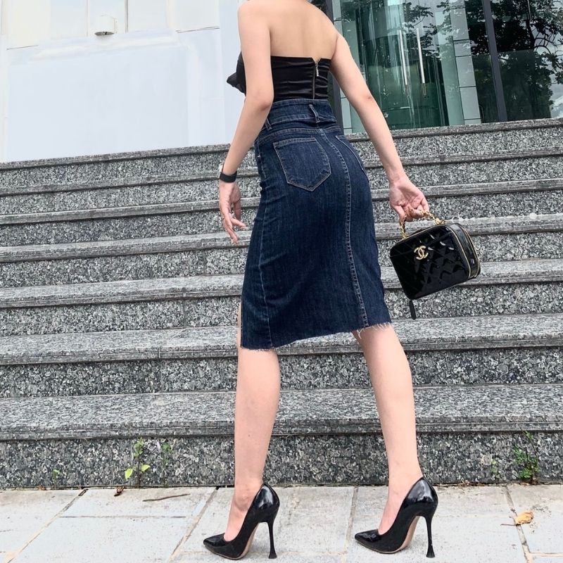 Chân váy jean dài Jeanny Jeans chữ a lưng cao co giãn 4 chiều chân váy bò nâng mông qua gối  188
