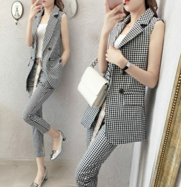 Hàng nhập - Set bộ vest nữ caro, sét blazer công sở trẻ trung