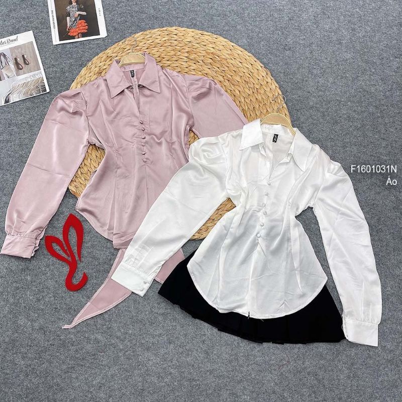 Áo sơ mi lụa khuy bọc xẻ tà trước cột nơ lưng tay dài gài nút siêu hot 1601