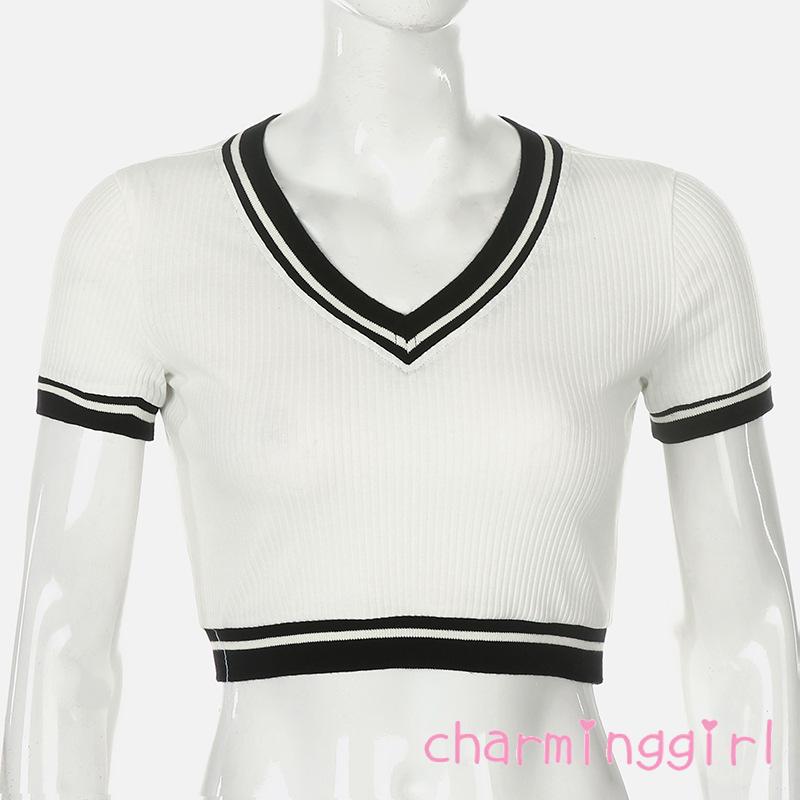 Áo Dệt Kim Tay Ngắn Cổ Chữ V Thiết Kế Đơn Giản Hợp Thời Trang