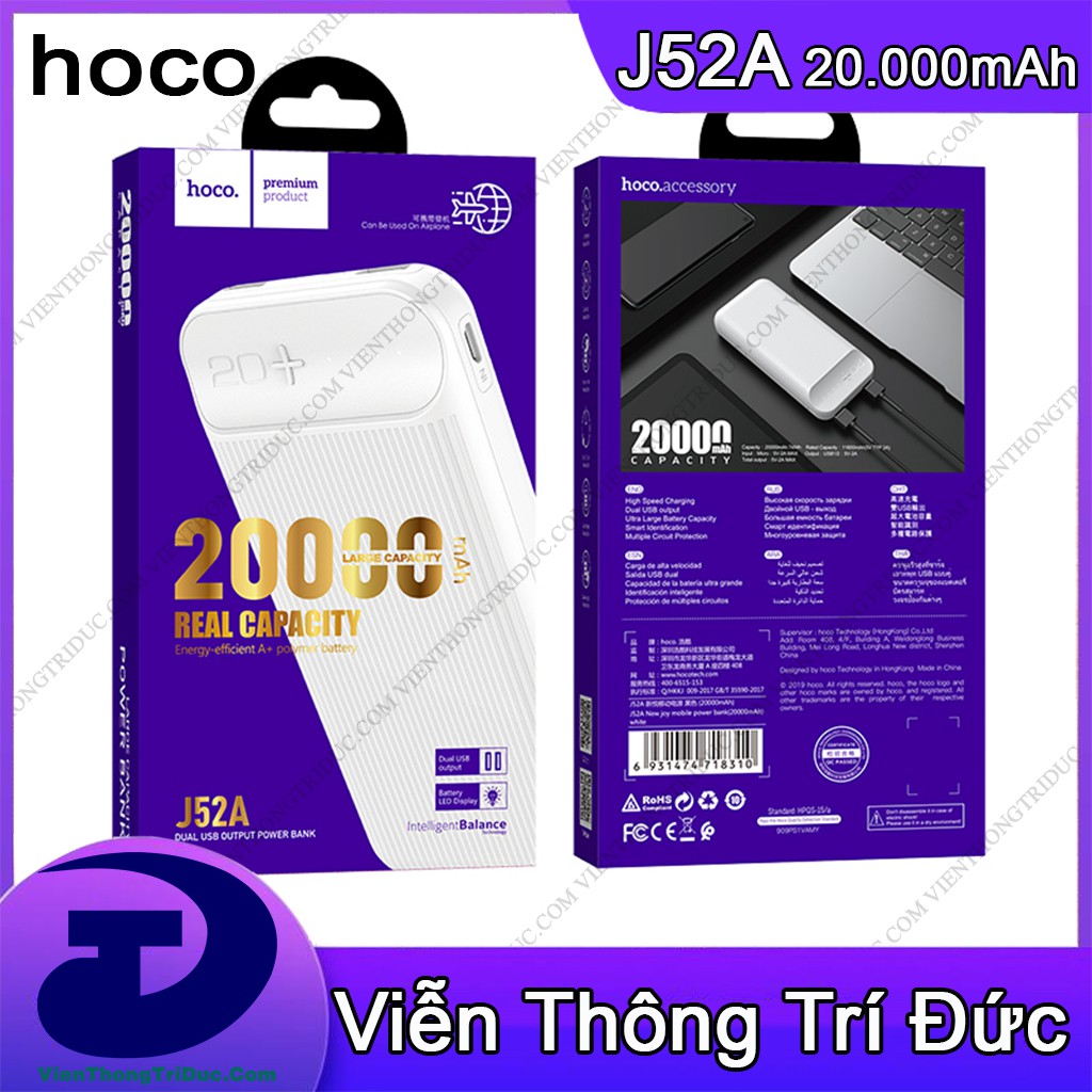 [SẠC NHANH] Pin Sạc Dự Phòng Hoco J52A - J59A - Dung Lượng 20000mAh - Lõi Li-Polymer 2 Cổng Sạc - Vật Liệu Chống Cháy