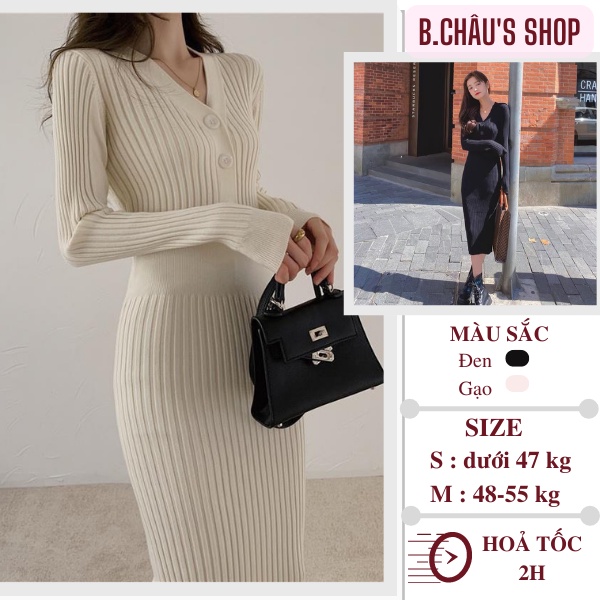 Đầm len nữ cài khuy dáng dài qua đầu gối | Váy len chất dày dáng ôm body thời trang thu đông