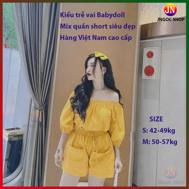 Sét quần áo trễ vai Babydoll nữ tay bồng, Áo sơ mi kiểu nữ bánh bèo tay ngắn mix quần short sang chảnh