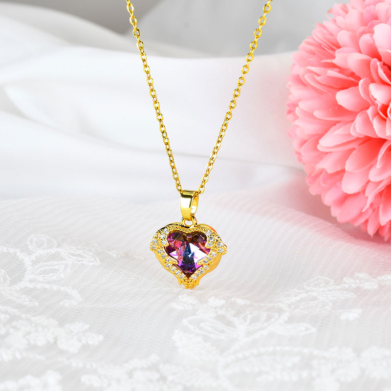 XiaoboACC Dây Chuyền Mạ Vàng 14K Mặt Đá Pha Lê Hình Trái Tim Phong Cách Thời Trang Hàn Quốc