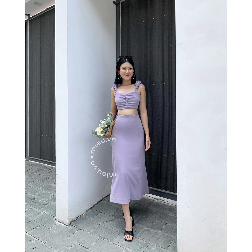 Set đồ nữ áo croptop nhún vai quyến rũ sang trọng kèm chân váy dài quý cô MIEU - JJL23