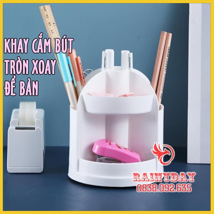 Khay kệ nhựa cắm đựng bút và đồ cọ trang điểm để bàn văn phòng tròn xoay nhiều ngăn [ LOẠI 1 ]