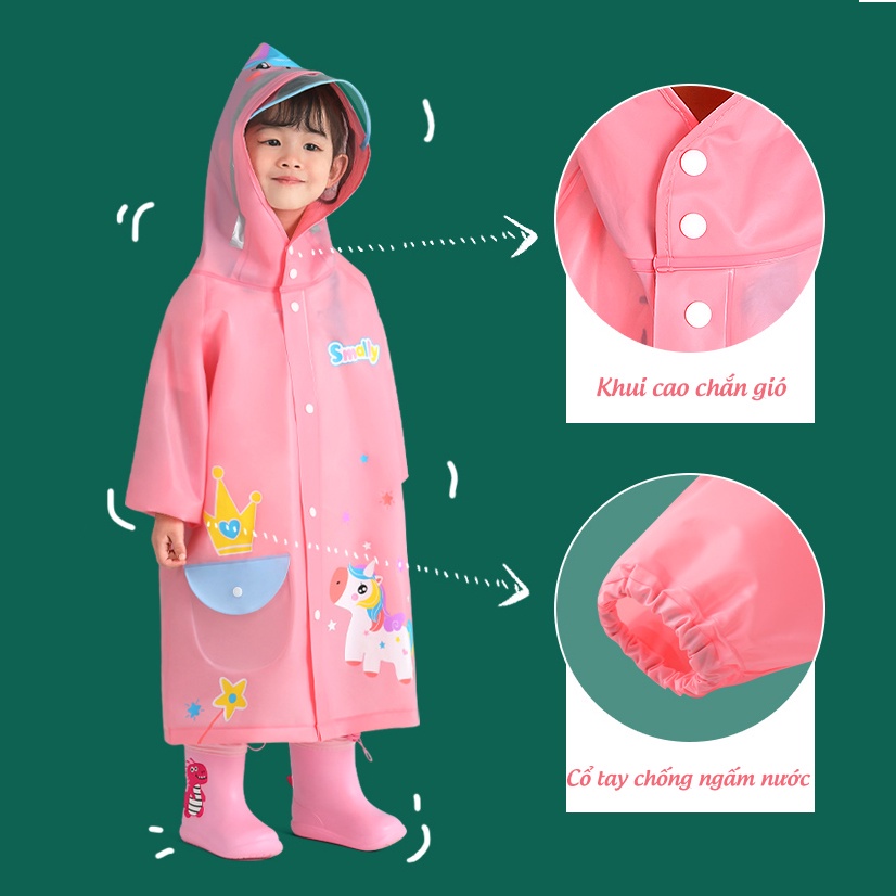 Áo mưa cho bé chính hãng Smally, chất liệu EVA siêu nhẹ, siêu bền có phản quang cho bé trai bé gái cao từ 80-135cm