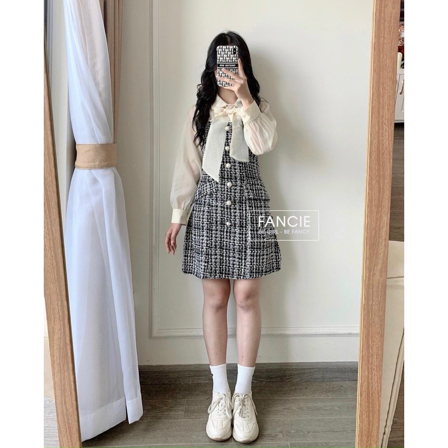 ĐẦM DẠ BỐ PHỐI TAY REN BI NƠ CỔ