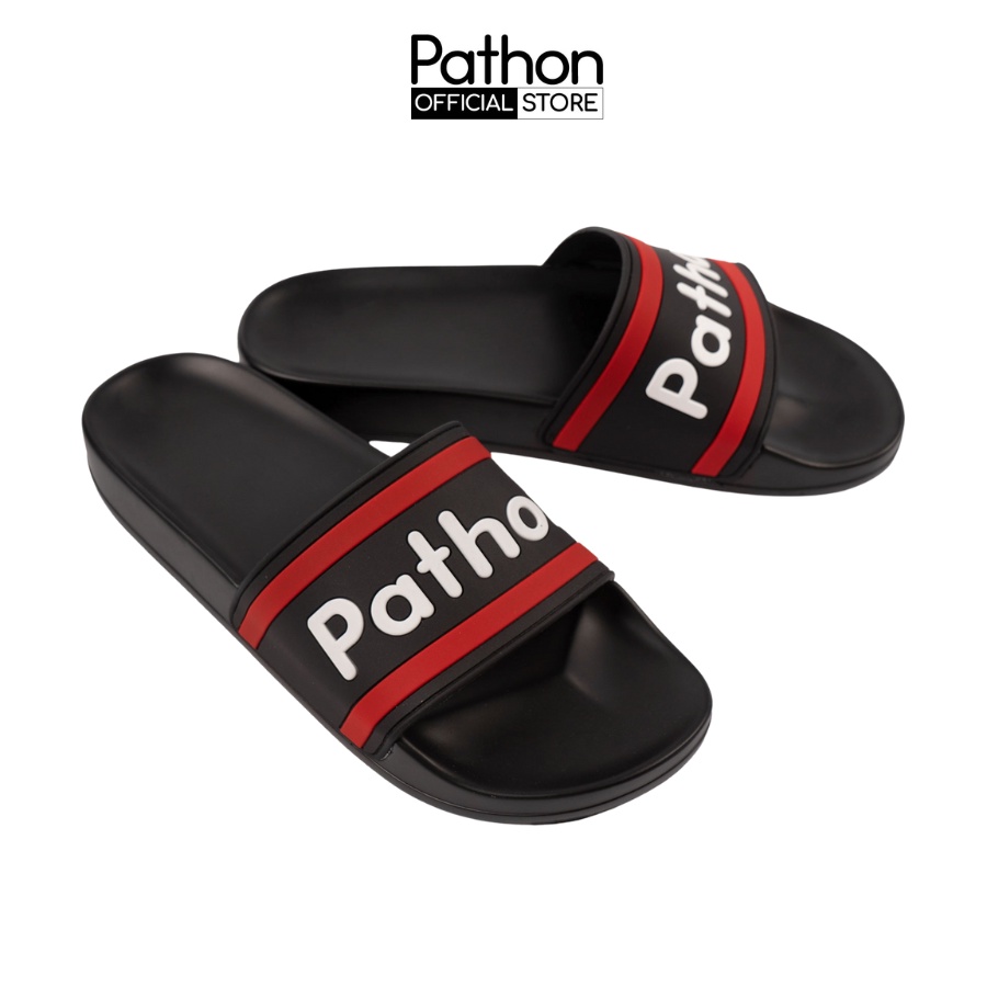 Dép nam nữ quai ngang slipper Pathon PVC và đế PU đen quai sọc đỏ đen in chữ Pathon SD45