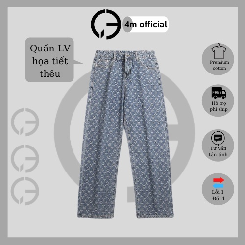 Quần Jean nam ống rộng LV 4M OFFICIAL, họa tiết thêu LV 3 sao, quần ống suông rộng style hàn quốc