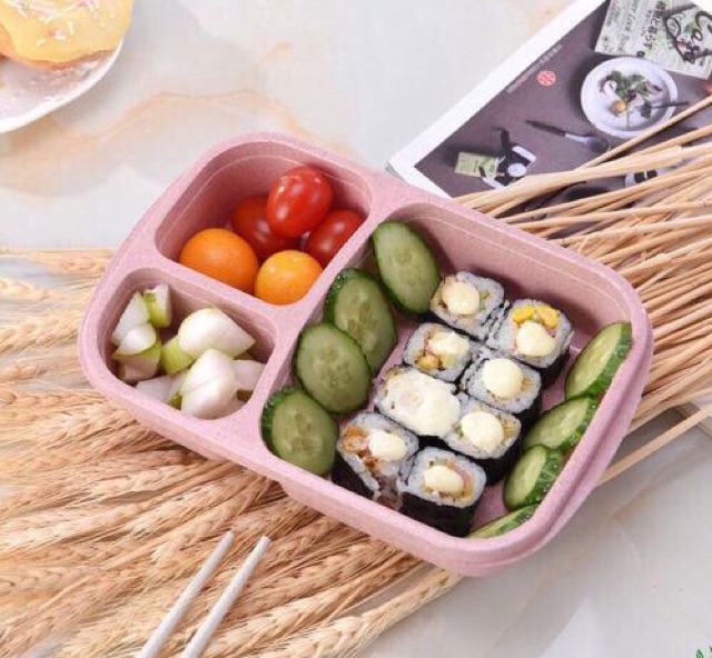 Hộp cơm bento ☘️freeship☘️khay nhựa lúa mạch 3 ngăn văn phòng