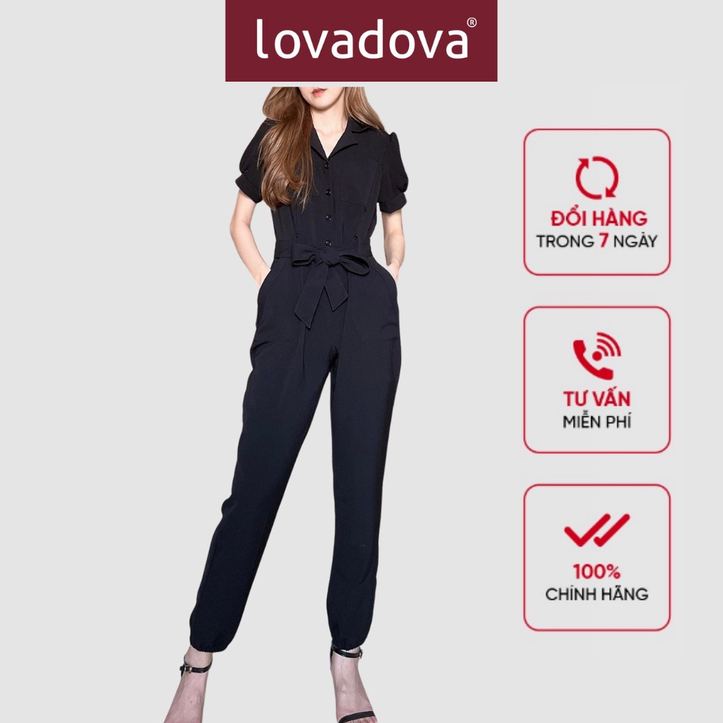 Jumpsuit, Ngắn Tay, Cách Điệu Giả Vest, Nơ Giữa Eo, Có Túi, Màu Đen - Lovadova 21O12C002