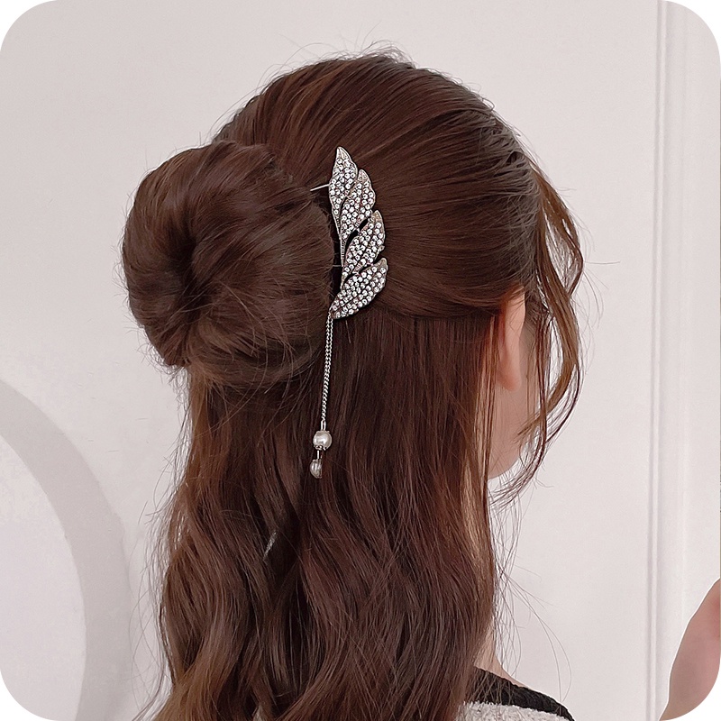Trâm cài tóc hình chữ U thiết kế hình cánh tua rua đính ngọc trai giả bằng kim loại sang trọng thời trang