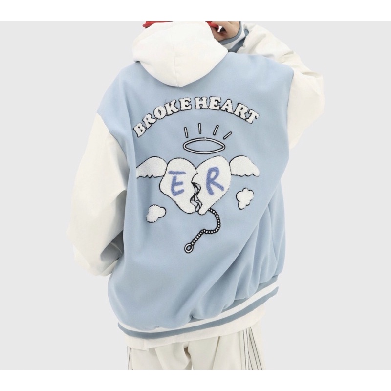 Áo bomber - Jacket varsity chất dạ tay da thêu xù 100% trái tim ER chính hãng