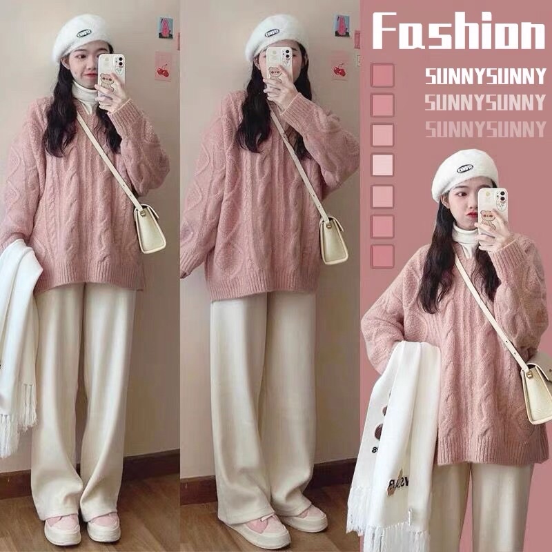 (ORDER.buiny) Áo len nữ MORAN vặn thừng màu hồng cổ V form rộng dài style điệu đà Hàn Quốc