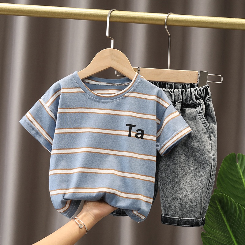 Bộ Áo Thun cotton + Quần Short denim Họa Tiết Kẻ Sọc Thời Trang Cho Bé Trai