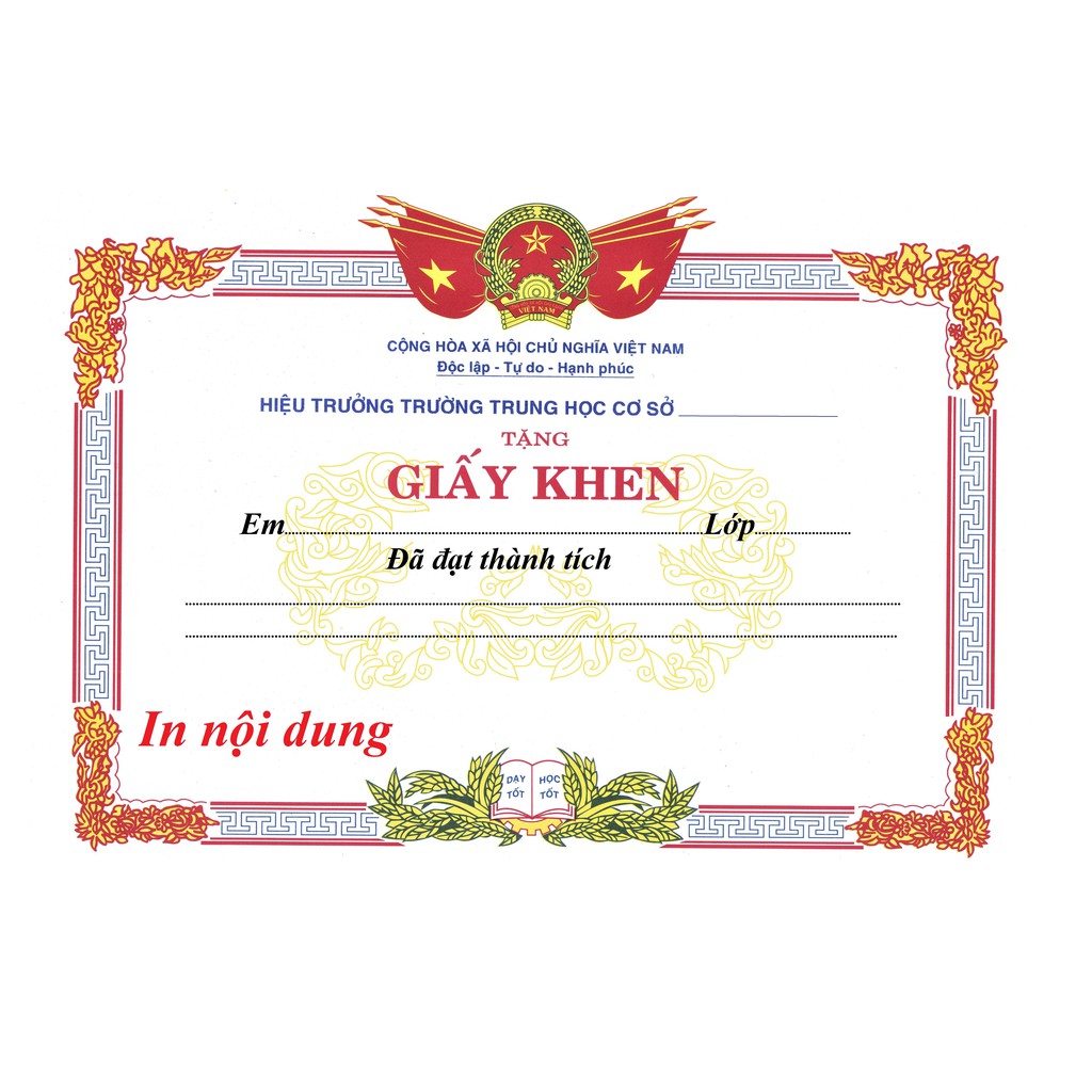 Phôi giấy khen A4, 180 gsm, nhận thiết kế, in nội dung theo danh sách