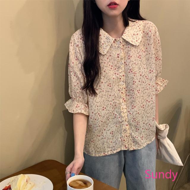 Áo sơ mi voan tay ngắn cố áo búp bê họa tiết hoa thời trang mùa hè dành cho nữ