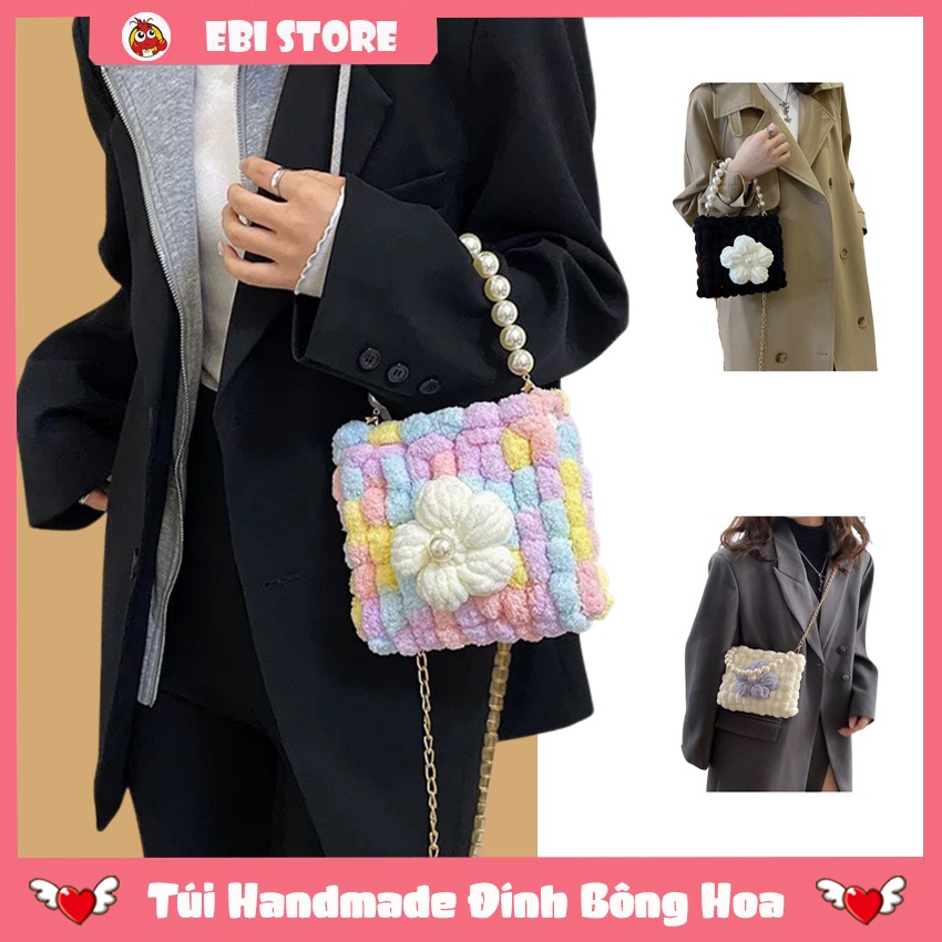 [Có Video Hướng Dẫn] Túi Handmade,Túi DIY Len Tự Đan Hình Hoa 5 Cánh Đính Ngọc Ở Giữa Xinh Xắn