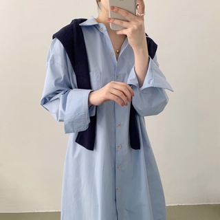 Đầm sơ mi form rộng trơn dáng xuông phong cách vintage Hàn quốc