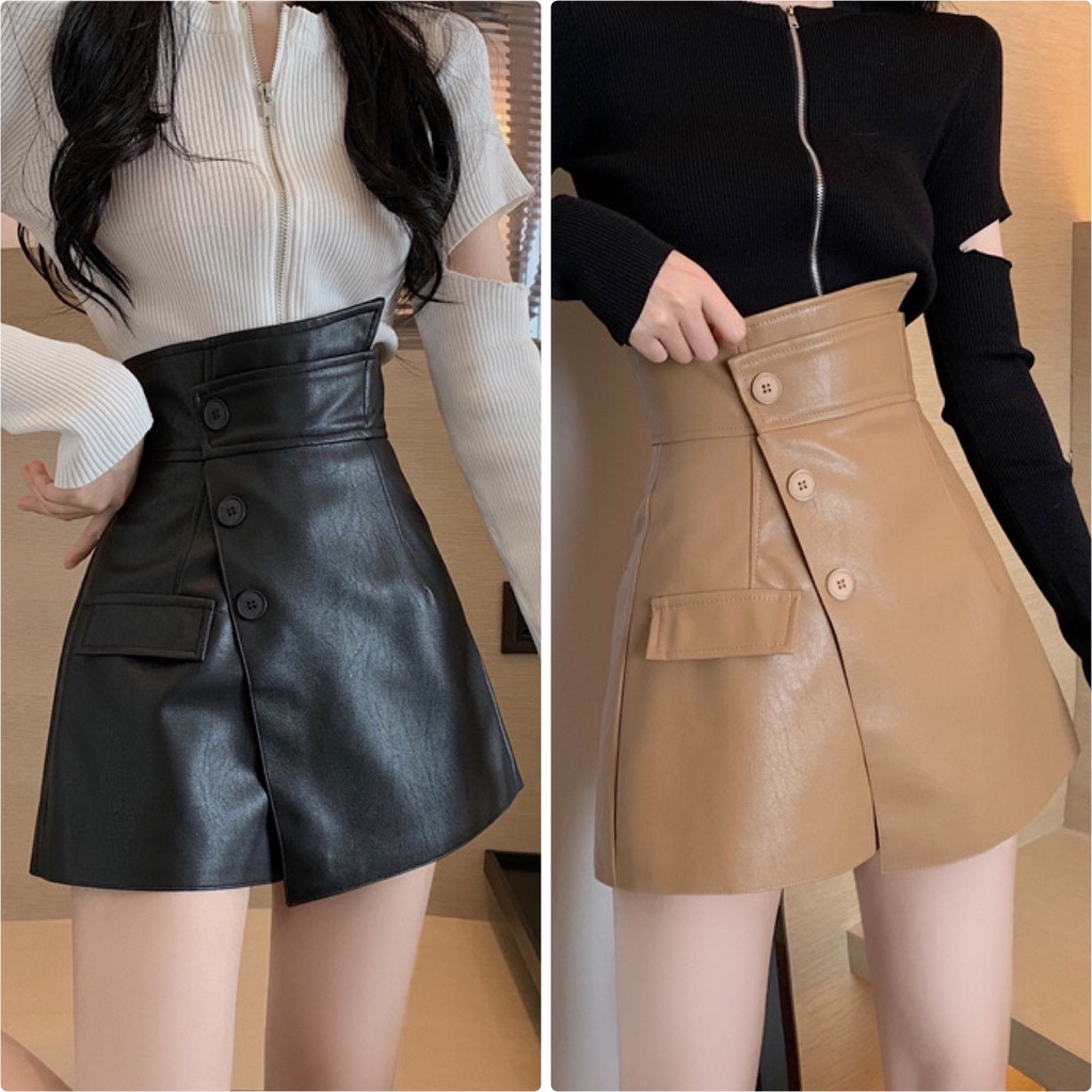 Quần giả váy da vạt lệch 3 khuy chất da hàng cao cấp , quần short nữ lưng siêu cao tôn dáng thời trang uzllang