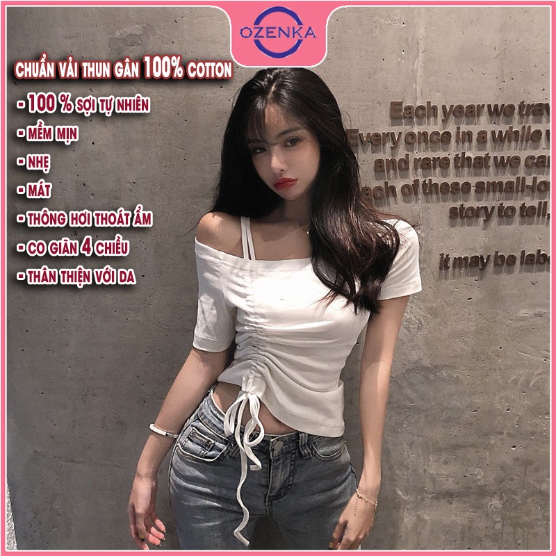 Áo croptop nữ trễ vai rút dây tay ngắn OZENKA , áo thun crt ôm body kiểu hàn quốc màu đen trắng gợi cảm dưới 50 cân