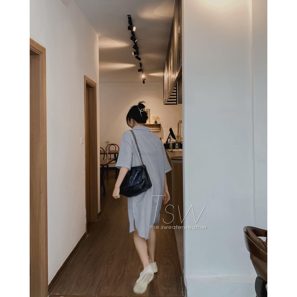 Đầm/Váy sơ mi kẻ sọc dáng dài chất xốp