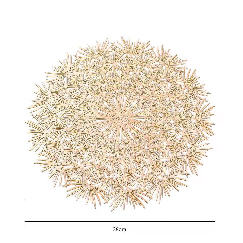 Tấm lót bàn ăn, lót lọ hoa, placemat, nhựa dẻo màu bạc, đường kính 38cm, xinh, rẻ, tiện lợi, hoa bồ công anh