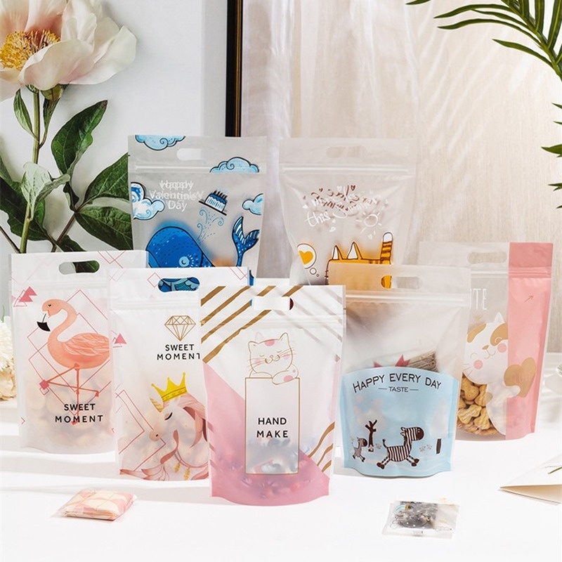 Set 50 Túi Đựng Bánh Kẹo Bằng Nhựa Có Khóa Kéo In Hình Chim Hồng Hạc/ Mèo/ Ngựa Một Sừng Dễ Thương