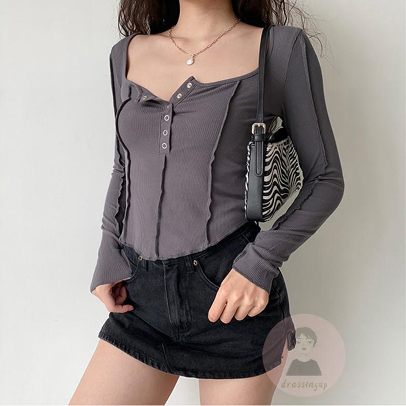 Áo Thun Tay Dài Màu Trơn Thiết Kế Bất Đối Xứng Size S / M / L / XL