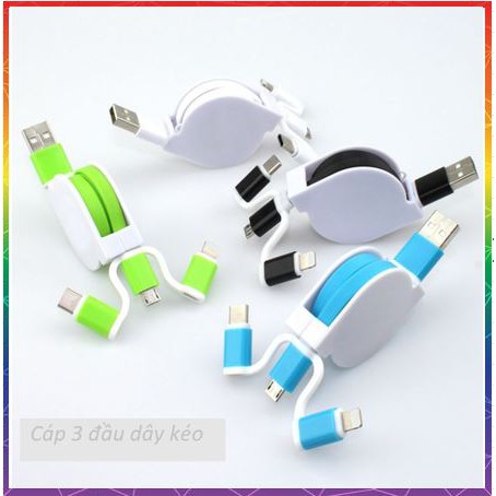 🌟CÓ SẴN🌟 Cáp sạc điện thoại dây rút đa năng 3 in 1 cuộn tròn - chống gập - Dây iphone android type C trên ô tô - OTO4S