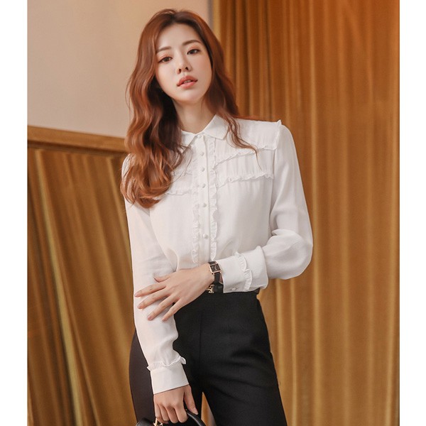 Áo Sơ Mi Công Sở Nữ Trắng, Xanh Pastel, Tay Dài, Bèo Ngực, Thiết Kế Viền Bèo Mí Xinh Xắn AA278
