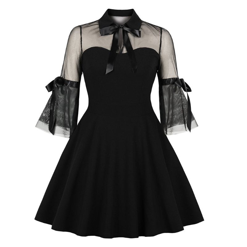 Đầm Đen Dáng Xòe Ngắn Phối Lưới Tay Chuông Phong Cách Gothic Cổ Điển Quyến Rũ Cho Nữ