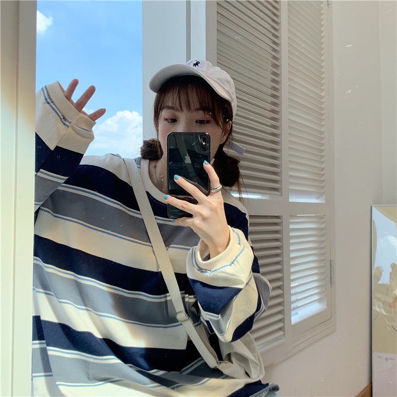 Áo hoodie mỏng tay dài kẻ sọc phong cách Nhật Bản thời trang xuân thu cho nữ 2021