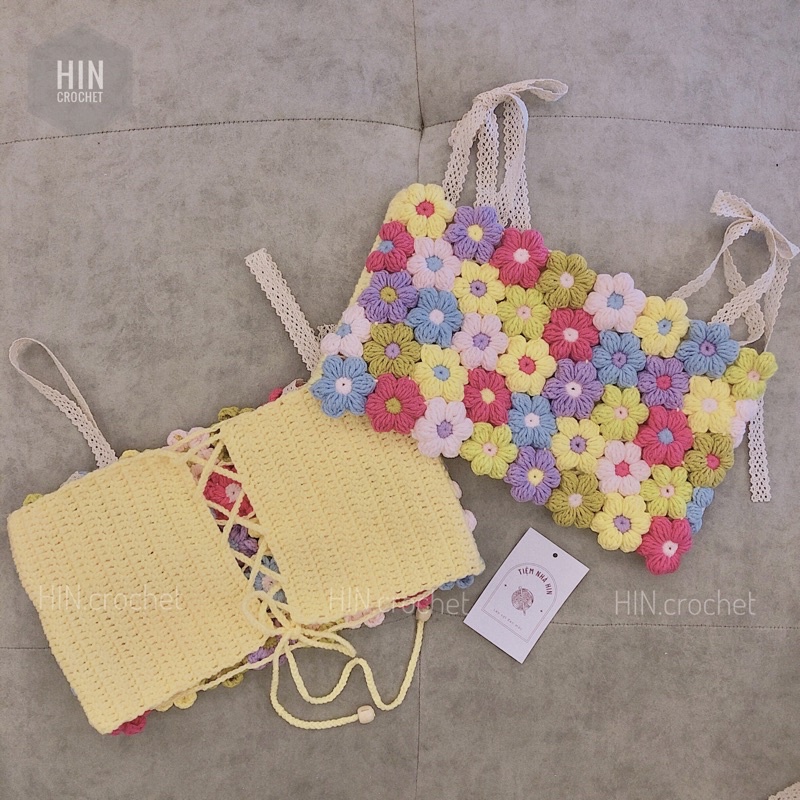 HIN Croptop flower Áo hoa len ghép