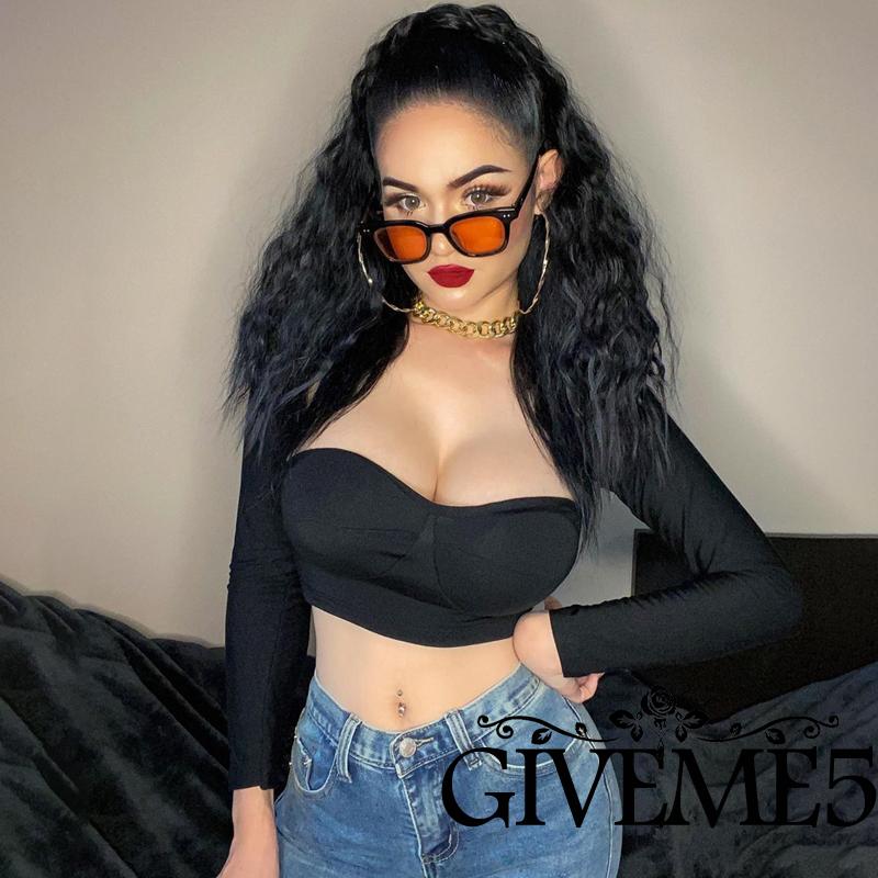 Áo Thun Crop Top GIVEME Tay Dài Cổ Chữ V Màu Trơn Thời Trang Hè Thu Cho Nữ