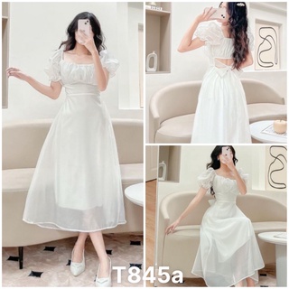 Đầm xoè voan chingfon 2 lớp tay phồng trơn nhún ngực cột nơ lưng T845a