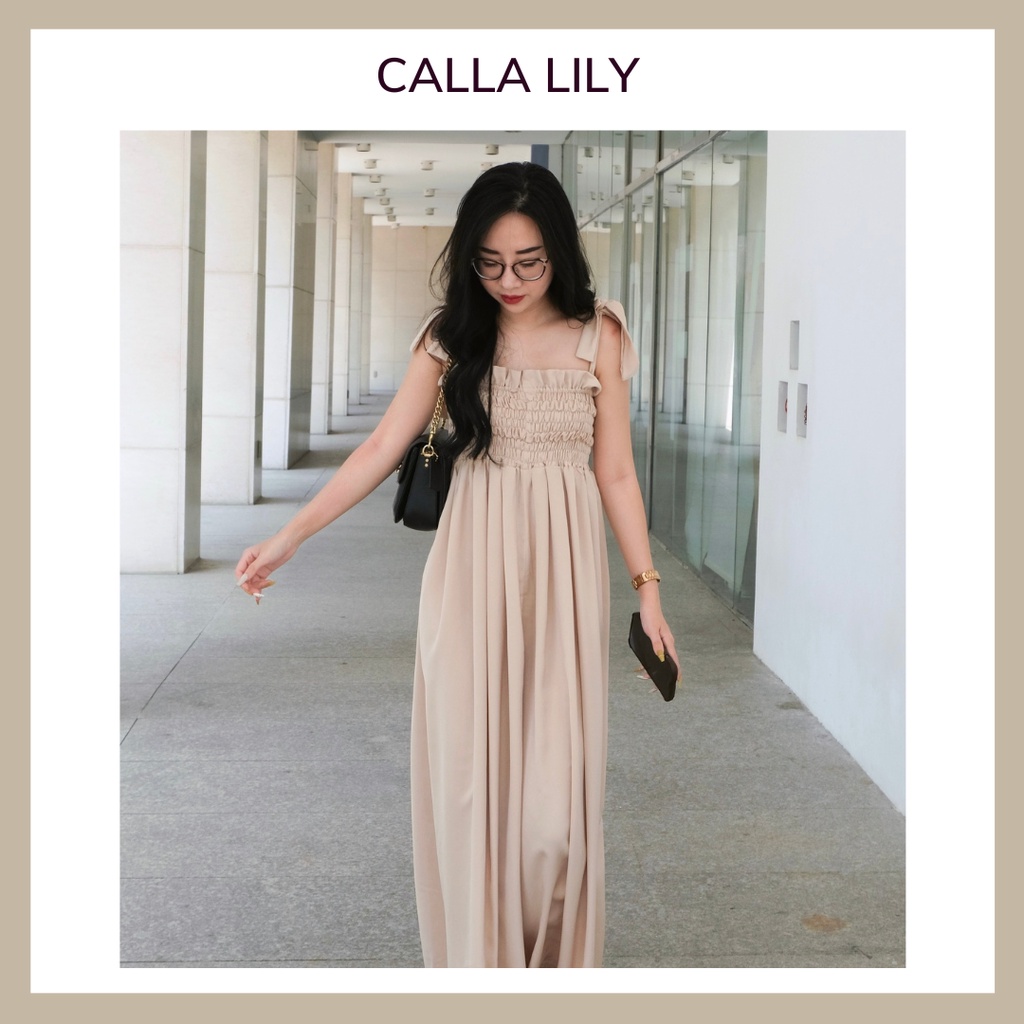 Calla Lily - Váy Đầm Velvet Lily Chun Ngực Nhung Mịn Suông Dài Màu Be Không Tay Cột Dây Nơ Dễ Thương Đi Biển Đi Chơi