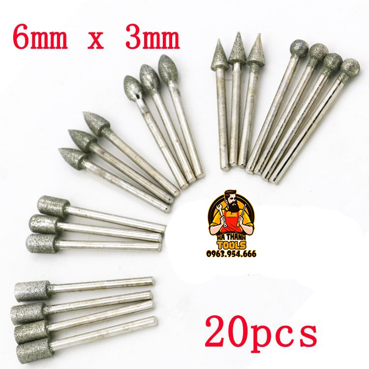 Bộ 20 mũi đá mài kim cương mũi chạm khắc độ mịn 150 Grit cán 3mm