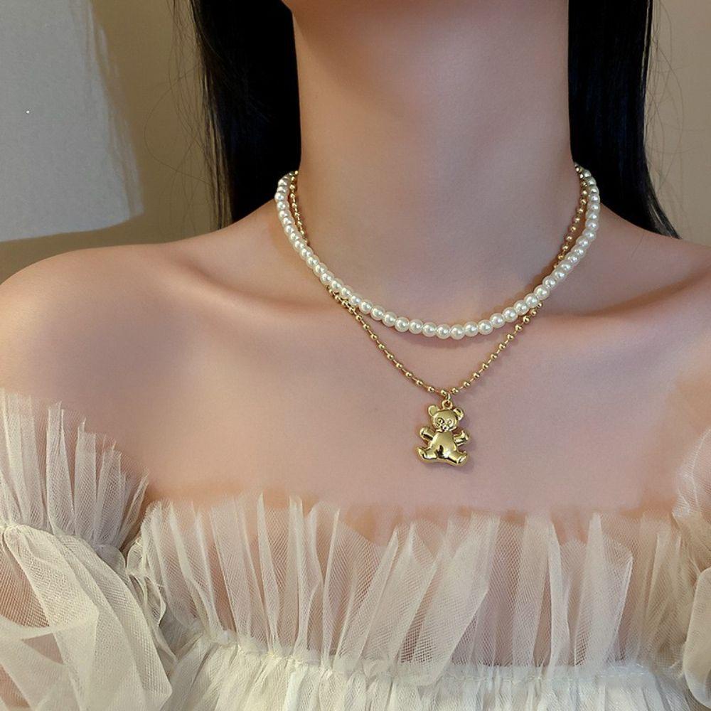 Vòng cổ Hai Lớp Đính Ngọc Trai Hình Gấu Xinh Xắn Theo Phong Cách Hàn Quốc Dành Cho Nữ