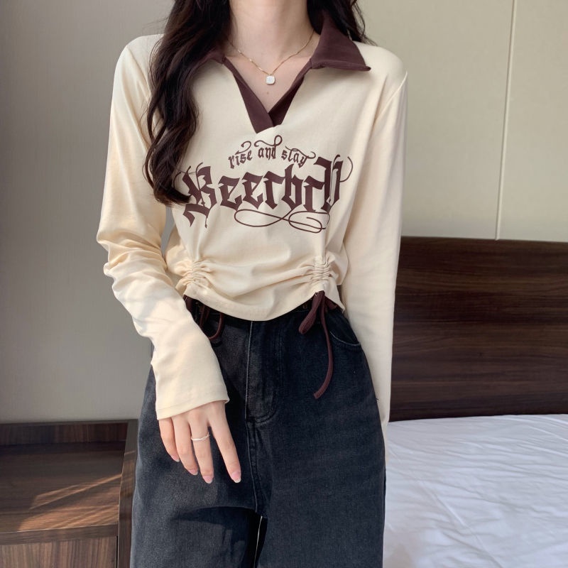 Áo Sơ Mi Dài Tay Cổ Polo Phối Dây Rút Màu Sắc Tương Phản Thời Trang Hàn Quốc Cho