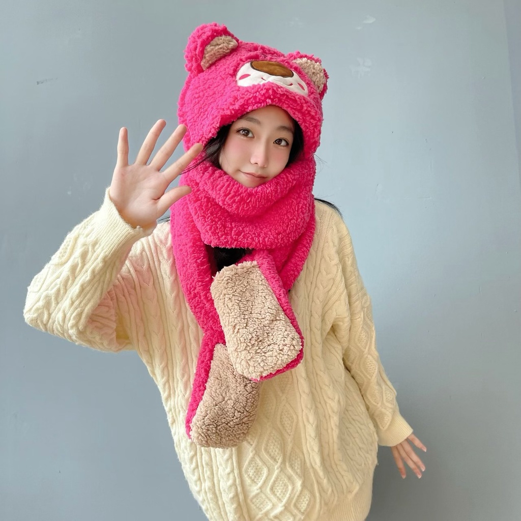 Bộ Nón Khăn Choàng Găng Tay Nón Giữ Ấm Mùa Đông Hình Gấu Dâu Hoạt Hình Đáng Yêu