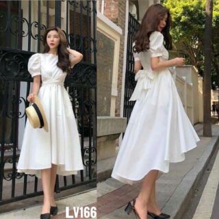Đầm xòe buộc nơ eo tay phồng