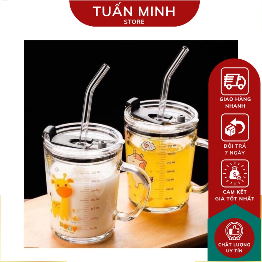 Cốc Thủy Tinh Pha Sữa Cho Bé Chia Vạch 400ml Họa Tiết Hoạt Hình, Có Nắp Đậy Chân Không Và Ống Hút Dễ Thương