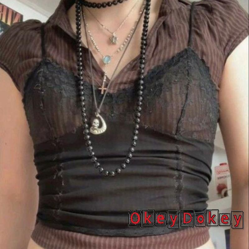 OKDK-Y2K Lace Sexy Mesh Lace Cami Summer Clothes Punk Spaghetti Strap Crop Top