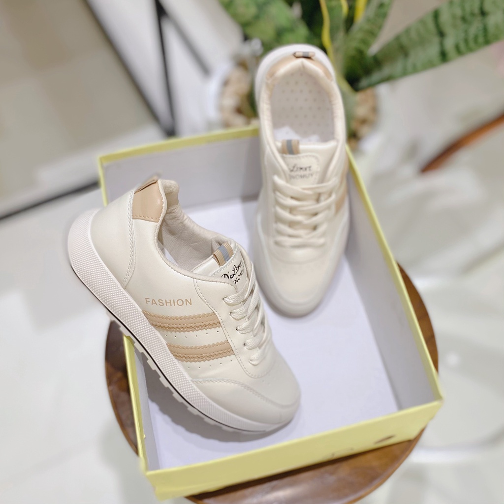 Giày Thể Thao Nữ Đế Bằng Hai Sọc Kem Cafe T118 Pizishoes