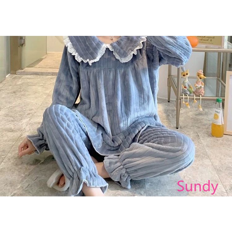 Bộ Đồ Ngủ Tay Dài Cổ Búp Bê Màu Trơn Thời Trang Thu Đông Cho Nữ