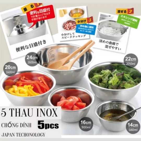 [FREESHIP] BỘ 5 MÓN TÔ, THAU INOX CHỐNG DÍNH XUẤT NHẬT