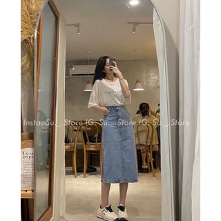 Chân váy bò dáng dài xẻ vạt bên, chân váy jeans